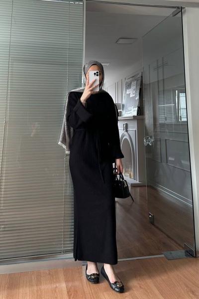 Rüya Fitilli Triko Elbise- Siyah