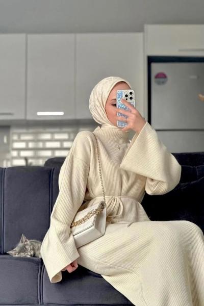 Rüya Fitilli Triko Elbise- Krem