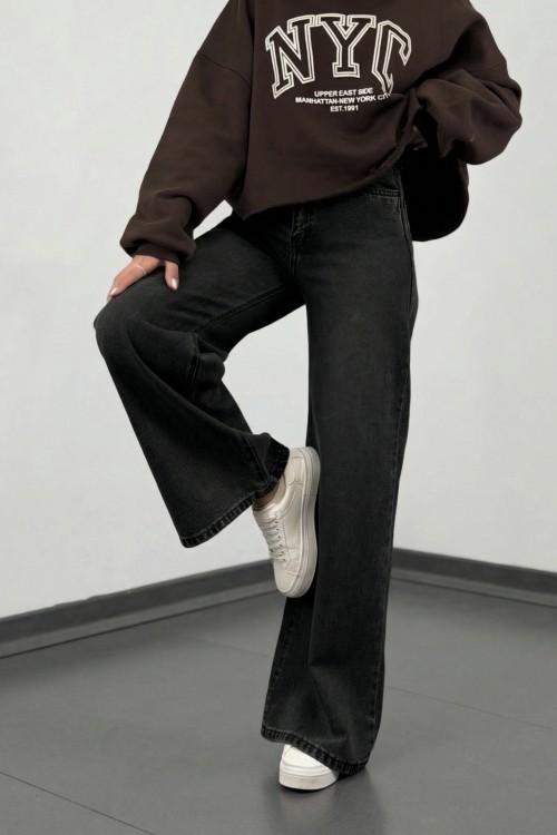 Yüksek Bel Bol Paça Jean- Siyah