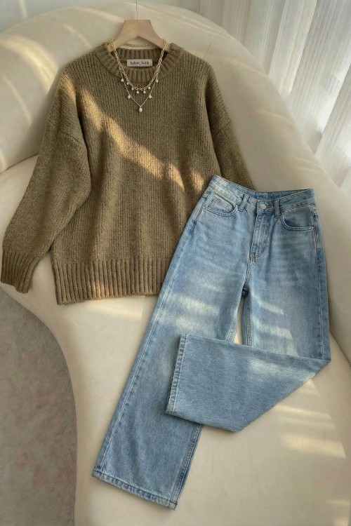 Yüksek Bel Bol Paça Jean Açık Mavi-Basic Kazak- Yeşil