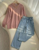 Yüksek Bel Bol Paça Jean Açık Mavi-Basic Kazak- Pembe