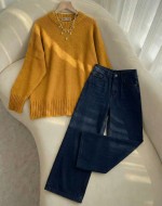 Yüksek Bel Bol Paça Jean Koyu Mavi-Basic Kazak- Sarı