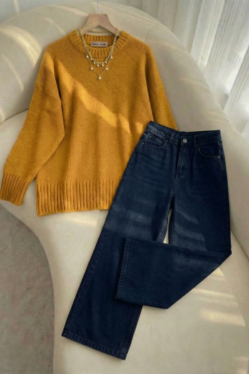 Yüksek Bel Bol Paça Jean Koyu Mavi-Basic Kazak- Sarı