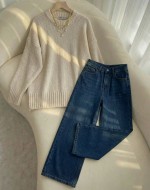 Yüksek Bel Bol Paça Jean Koyu Mavi-Basic Kazak- Ekru