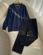 Yüksek Bel Bol Paça Jean Siyah -Basic Kazak-Lacivert