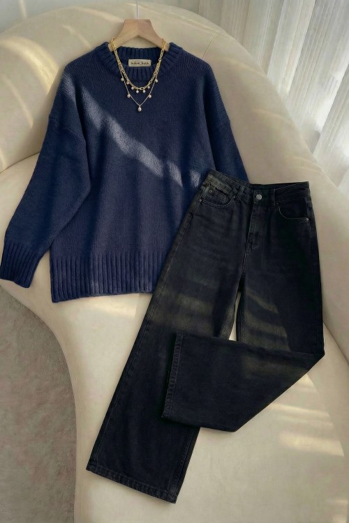 Yüksek Bel Bol Paça Jean Siyah -Basic Kazak-Lacivert