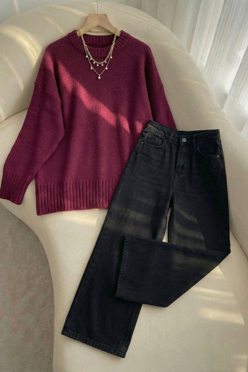 Yüksek Bel Bol Paça Jean Siyah-Basic Kazak- Bordo