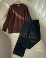 Yüksek Bel Bol Paça Jean Siyah-Basic Kazak- Kahve