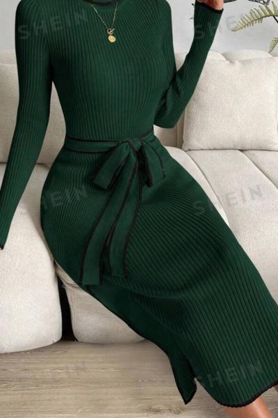 Zarif Çizgi Triko Elbise Zümrüt