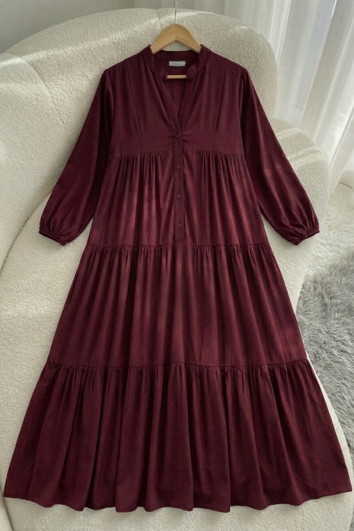 Zerde Pamuklu Viskon Elbise- Bordo