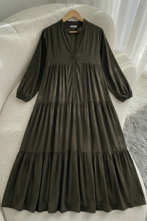 Zerde Pamuklu Viskon Elbise- Haki