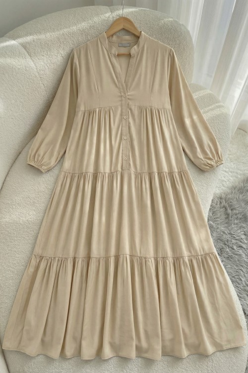 Zerde Pamuklu Viskon Elbise- Krem