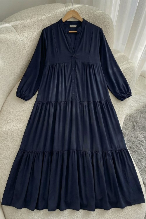 Zerde Pamuklu Viskon Elbise- Lacivert